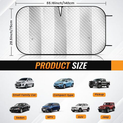 Windshield Sun Shade Car Sun Shade, Folding Car Shades for Front Windows, Blocks UV Rays Sun Visor Protector for Truck SUV Van, Keeps Vehicle Cool - Silver (55" x 27.5") in Kuwait