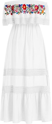 الفساتين المكسيكية للنساء التقليدية خارج الكتف التطريز Cinco de Mayo Fiesta Party Long Maxi Dress in Kuwait