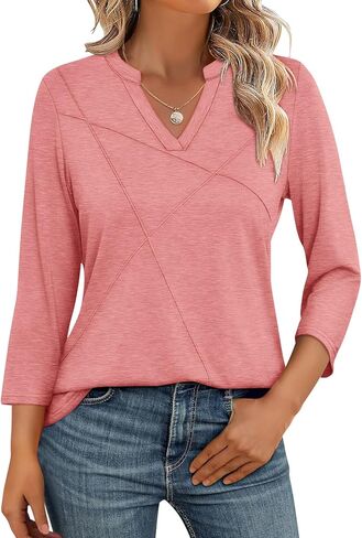 Womens Tops 3/4 Sleeve T Shirts V Neck Summer Tops Dressy Casual Basic Tees Loose Tunics in Kuwait