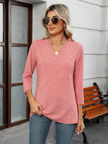 Womens Tops 3/4 Sleeve T Shirts V Neck Summer Tops Dressy Casual Basic Tees Loose Tunics in Kuwait