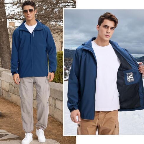 Men's Waterproof Lightweight Rain Jacket Removable Hooded Windbreaker Raincoat Outdoor Windproof Casual Jacket in Kuwait