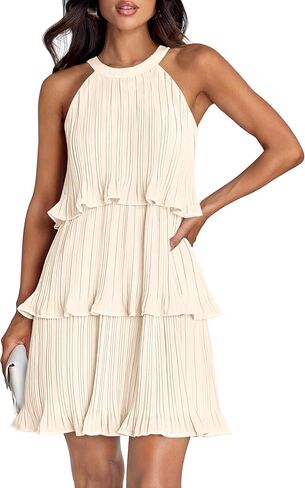 ZESICA Women's 2025 Summer Halter Dresses Sleeveless Ruffle Tiered Layered Chiffon Pleated A Line Swing Mini Dress in Saudi Arabia