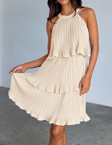 ZESICA Women's 2025 Summer Halter Dresses Sleeveless Ruffle Tiered Layered Chiffon Pleated A Line Swing Mini Dress in Saudi Arabia