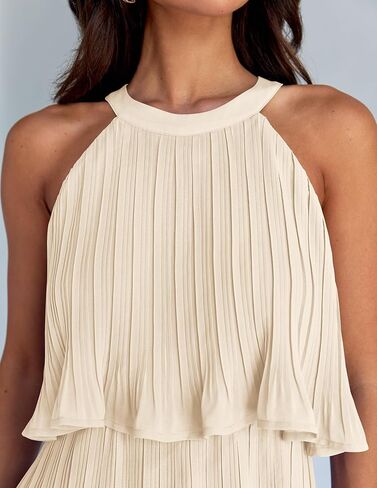 ZESICA Women's 2025 Summer Halter Dresses Sleeveless Ruffle Tiered Layered Chiffon Pleated A Line Swing Mini Dress in Saudi Arabia