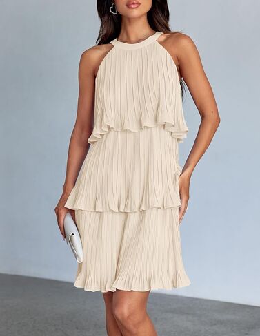 ZESICA Women's 2025 Summer Halter Dresses Sleeveless Ruffle Tiered Layered Chiffon Pleated A Line Swing Mini Dress in Saudi Arabia
