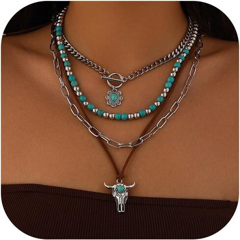HUASAI Western Necklaces for Women Boho Necklaces for Women Country Concert Outfits Western Jewelry Turquoise Bead Leather Choker Necklace in Kuwait