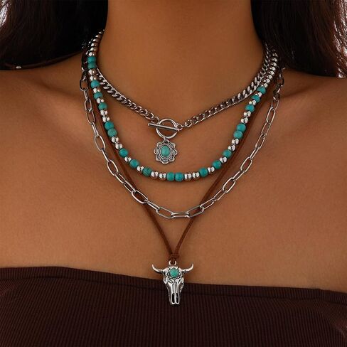 HUASAI Western Necklaces for Women Boho Necklaces for Women Country Concert Outfits Western Jewelry Turquoise Bead Leather Choker Necklace in Kuwait