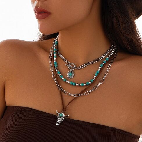 HUASAI Western Necklaces for Women Boho Necklaces for Women Country Concert Outfits Western Jewelry Turquoise Bead Leather Choker Necklace in Kuwait