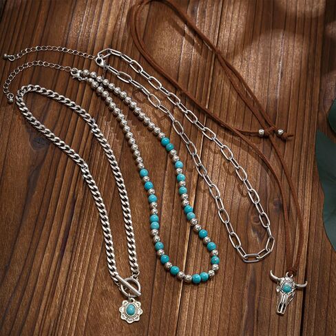 HUASAI Western Necklaces for Women Boho Necklaces for Women Country Concert Outfits Western Jewelry Turquoise Bead Leather Choker Necklace in Kuwait