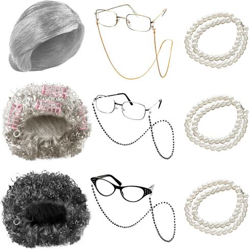 Ceenna 9 Pcs Old Lady Party Costume Set Include Grandma Wig Glasses with Chain Artificial Pearl Necklace in Kuwait