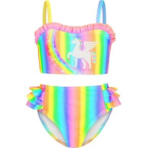 4-8Y Girls Bikini Swimsuit, Unicorn 2 Piece Bathing Suit for Kids UPF 50+ Rainbow Spaghetti Swimwear Swimming Suit