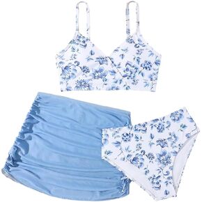 Girl's Swimsuits 3 Piece Floral Spaghetti Strap Wireless Swimwear with Ruched Beach Skirts Bathing Suits