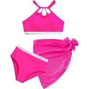 Girls' 3 Piece Swimsuit Bikini Set with Cover Up Skirt Boho Floral Bathing Suit for Beach Pool 7-16 Years
