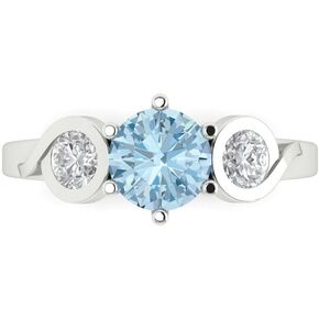1.72 ct Round Cut Natural Aquamarine 14k Yellow Gold Three-Stone Wedding Engagement Bridal Promise Ring