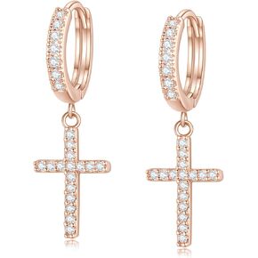 14K Gold Plated Drop Dangle Cross Hoop Earrings Trendy Gold Cross Earrings for Women Small CZ Huggie Hoops Dangling Diamond Cross Earrings for Men Hypoallergenic Lightweight