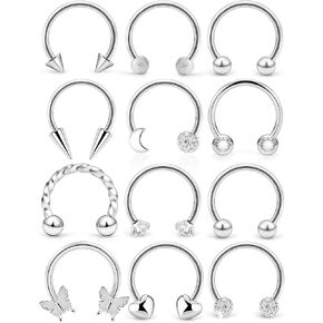 Hoeudjo Smiley Piercing Jewelry Surgical Steel Septum Rings 16g Septum Nose Rings for Women Horseshoe Nose Ring with Cubic Zirconia Heart Butterfly Inner Diameter 10mm (3/8")