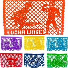 16 FT Papel Picado, Mexican Banner, Lucha Libre Plastic Party Banner, Mexican Banner Decorations, Extra Large Luchador Party Supplies, 10 Flags of Papel Picado Plastic Nacho Libre Party Decorations