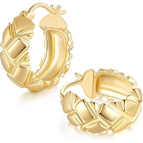14K Gold Hoop Earrings Gold Earrings for Women Trendy Mature and Confident Look with Rhombic Engravings Thick Chunky Hoop Earring for Women 20mm