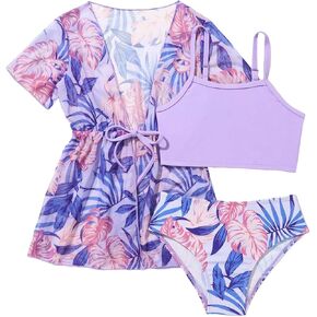 GORGLITTER Girl's 3 Piece Swimsuit Set Tropical Print Triangle Bikini Set with Kimono Cover Up