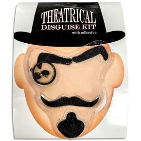 Disguise Kit with Moustache, Eyebrows, Soul Patch & Monocle | Disguise Costume Kit Package With Adhesive | Facial Hair Costume Set | Theater Makeup Kit | Black