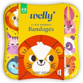 Welly Bandages | Adhesive Flexible Fabric Bravery Badges | Assorted Shapes for Minor Cuts, Scrapes, and Wounds | Colorful and Fun First Aid Tin | Zoo Animals Patterns - 48 Count