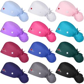 12 Pcs Working Scrub Cap for Women with Button and Ribbon Tie Sweatband Nurse Doctor Ponytail Pouch Caps for Men (Heartbeat)