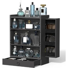 Cologne Organizer for Men, 4-Storey Vertical Wood Perfume Stand, Large Cologne Display Shelf with Felt Lining Drawer and 2 Hidden Compartments, A Great Gift for Men