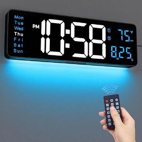 16" Large Digital Wall Clock with Remote Control, Large Display with Night Light, DST, Date, Week, Temperature, Dimmer, Dual Alarm, Plug in LED Wall Digital Clocks for Living Room Office Decor (Blue)