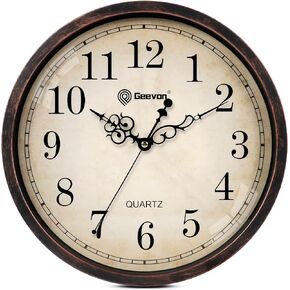 Geevon Vintage Brown Wall Clock ، صامت 16 "بطارية غير موقوتة على مدار ساعة الحائط تعمل على طراز ريفي مستدير على مدار الساعة المطبخ ، والفصول الدراسية ، وغرفة نوم ، وديكور غرفة المعيشة