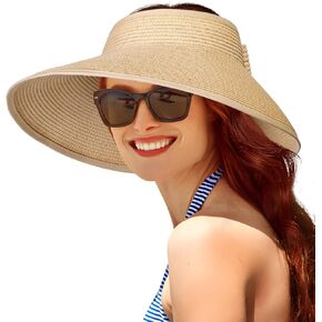 Sun Visor Hats for Women, Summer Packable Straw Beach Hat UV Protection 2025, Women's Ponytail Hat, Foldable Travel