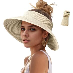 قبعات صن قبعات للنساء ، UV UPF Straw Beach Hat قابلة للطي على نطاق واسع قبعات ذيل حصان الصيف سفر سفر قابلة للتعبئة