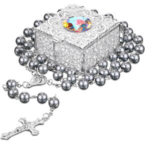 Quelay Rosary Beads Catholic for Women Pearl Rosary Catholic Necklace with Pray Card First Communion Gifts