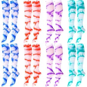 Ramede 8 Pairs Sports Tie Dye Tube Socks Gradient Color Unisex over the Calf Team Performance Socks for Youth and Adult (Bright Colors,Tie Dye)