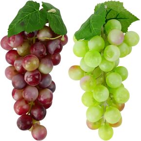 2 Bunches Decorative Artificial Grapes Plastic Hanging Grapes Green and Red Fake Grapes Faux Fruit Centerpieces Props Simulated Fruit Ornaments for Home Kitchen