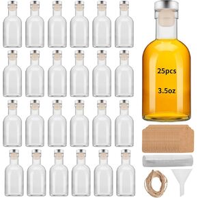25 Pcs 3.5OZ Mini Glass Liquor Bottles with Lids Small Glass Wine Bottle Reusable Empty Alcohol Bottles with Aluminum Silver Cap for Christmas Birthday Weddings (100ML 3.5OZ 25PC)