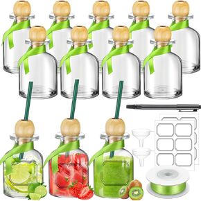 Husheee 12 PCS Motes Classes Batritles مع Straw 3. 3 أوقية مصغرة زجاجات Tequila فارغة للمشروبات القابلة لإعادة الاستخدام مع شريط الحرير الأخضر لحفل الزفاف تزيين