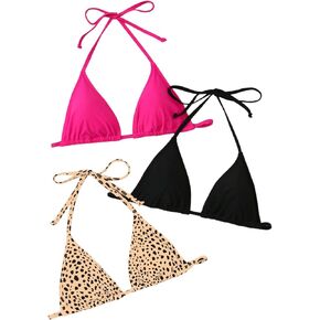 Floerns Women's 3 Pack Bikini Top Halter Tie Back Wireless Triangle Bathing Suit Tops