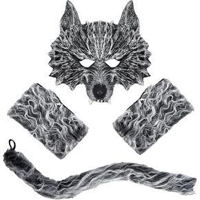 Heliltd 3Pcs Werewolf Wolf Costume Werewolf Mask and Gloves Adult with Realistic Wolf Tail Big Bad Half Face Werewolf Mask for Men Women Halloween Cosplay Costume
