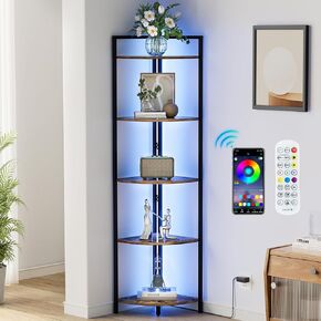 5 Tier Corner Shelf with LED Light, 66.06" Tall Narrow Bookshelf with Storage, Wood Display Shelf for Living Room, Bedroom, Metal Frame (Rustic Brown)