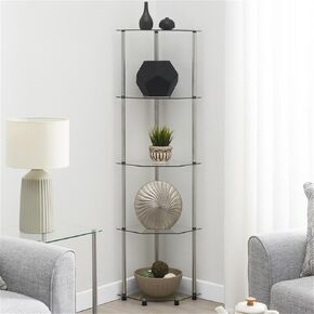Companies Concepts Designs2Go Classic Glass 5 Tier Corner Tower 13.75 " - رف كتب تخزين الوسائط الحديثة لغرفة المعيشة ، خزانة الكتب لغرفة العائلة ، غرفة نوم ، حمام ، مكتب ، زجاج/كروم