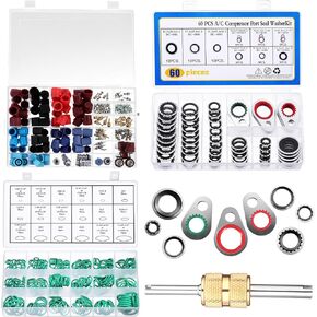 4 Set Car A/C Valve Core, O-Ring Kit, Compressor Gasket Seals and Dust Cap, Valve Core R134a Kit A/C O Ring Cap Kit Compressor Port Seal Washer Valve Core Remover for A/C Refrigeration System