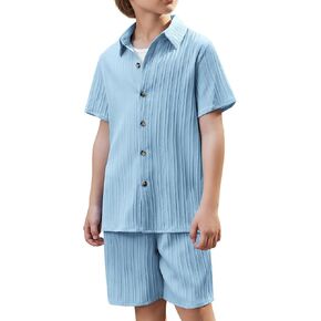 Arshiner Boy's Textured Button Up Shirt and Shorts Set 2 Piece Summer Beach Outfit for 5-12 Years Kids