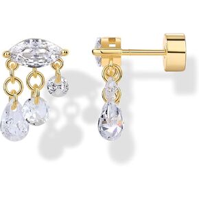 PAVOI 14K Gold Plated Sentimental Dangle Flat Back Earrings for Women | Helix and Cartilage Pearl Cluster Triangle Lotus Pear Marquise Cubic Zirconia Screw Back Earring Pair