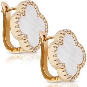 Four Leaf Clover Earrings 18K Gold Plated with Black Agate or Mother of Pearl & Cubic Zirconia | Classic English Lock | Tarnish-Resistant Jewelry for Women