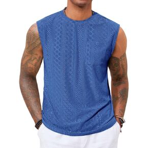 Runcati Mens Sleeveless Tank Tops Casual Hollow Out Knit T Shirts Beach Summer Hippie Tops with Pocket
