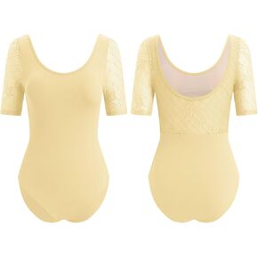 ODASDO Women Dance Leotard Lace Floral Half Sleeve Ballet Bodysuit Padded Bra Gymnastics Training Outfit One-piece