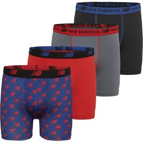 New Balance Boys and Toddler Boxer Briefs, Moisture Wicking Breathable Underwear, Tagless, Assorted 4 Pack (2 Performance/2 Mesh), Team Red/Black/Team Royal/Dark Arctic Grey