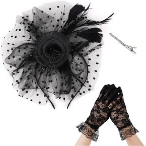 قبعات Curasa Fascinators للنساء قبعات حزب الشاي الأبيض الأسود مع قفازات قصيرة من الدانتيل زهرة ريشة لؤلؤة الريش 20s الزفاف الأنيقة حفل الزفاف Prom Grolly Lady Girls