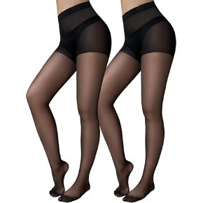 Jamieya 2 Pairs Black Sheer Tights for Women, 20D Control Top Pantyhose Stockings Tummy Control Under Dress
