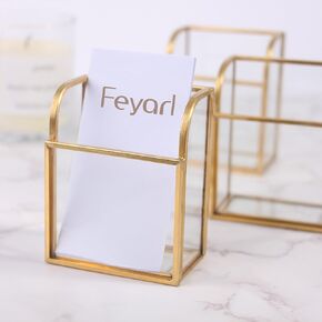 Feyarl قطعة واحدة من حامل بطاقة العمل الزجاجي الذهبي حامل عرض بطاقة العمل العمودي، منظم بطاقة اسم العمل الشفاف، تخزين بطاقات الهدايا لاجتماعات المكتب وصالونات سطح المكتب